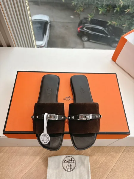 Hermès Women Dark Brown Suede Leather Strap Mules product view 1
