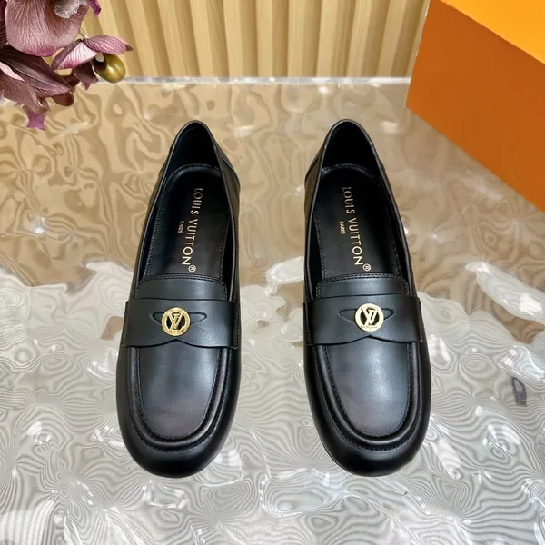 Louis Vuitton Women Black Leather Loafers — Metal Logo Detail product view 6