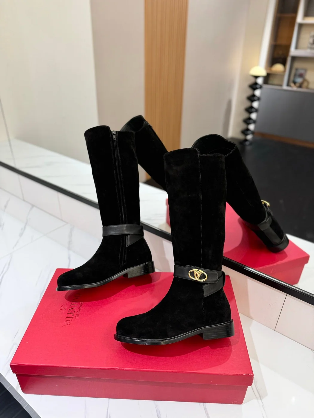 Valentino Women Black Suede Leather Strap Boots product view 6