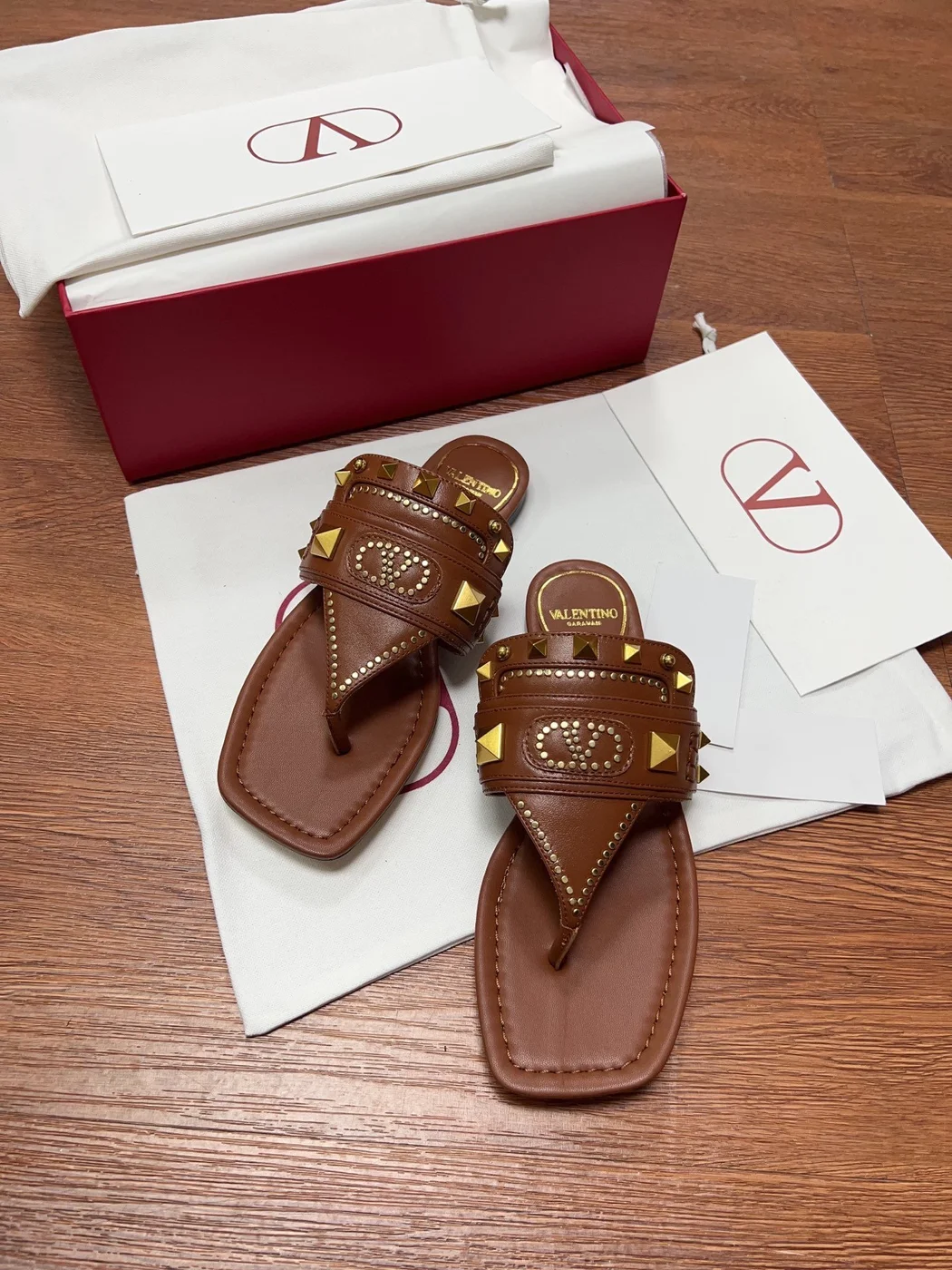 Valentino Women Brown Leather Studded Sandals product view 4