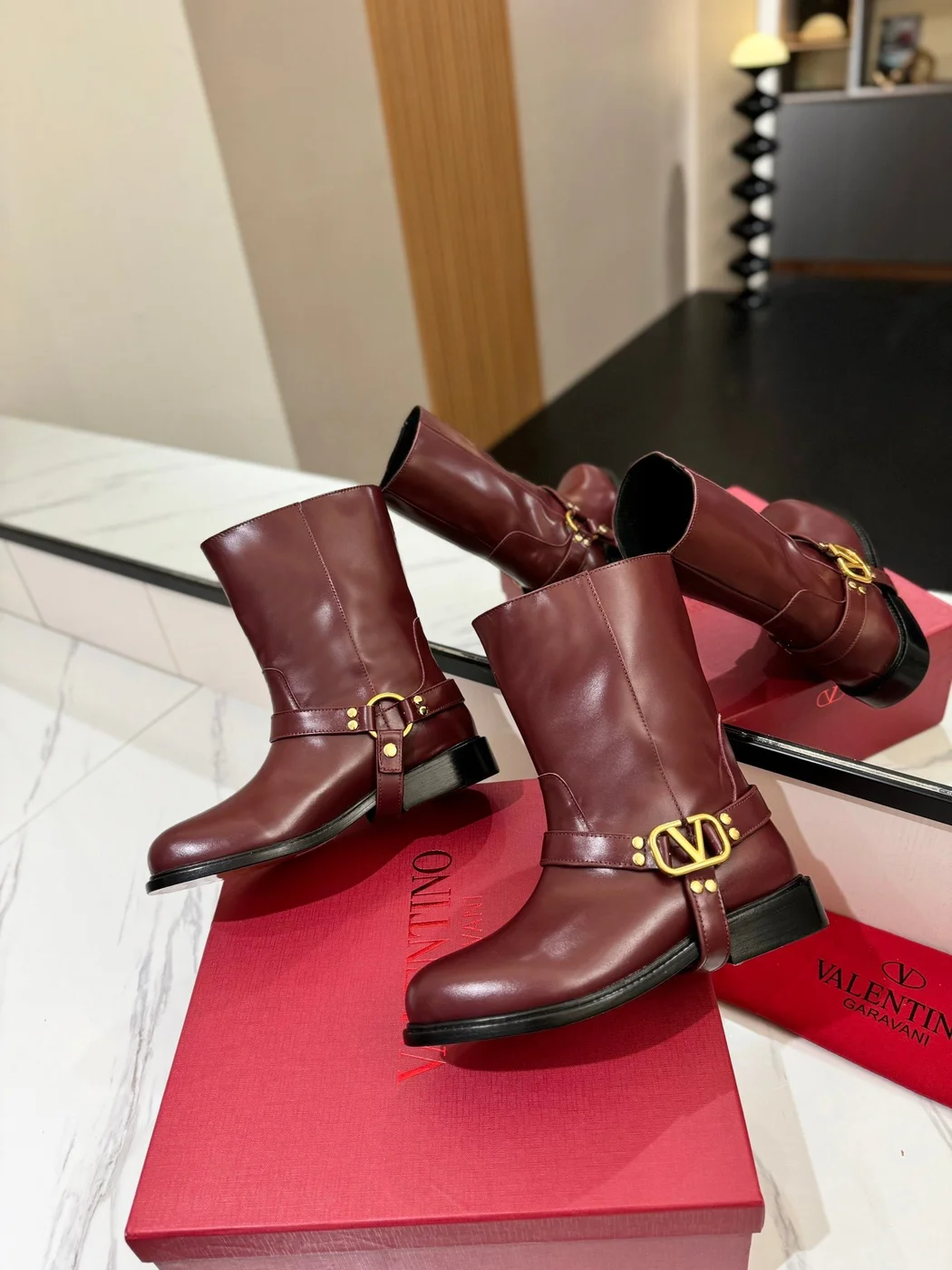 Valentino Women Burgundy Leather Mid-Calf Boots product view 6