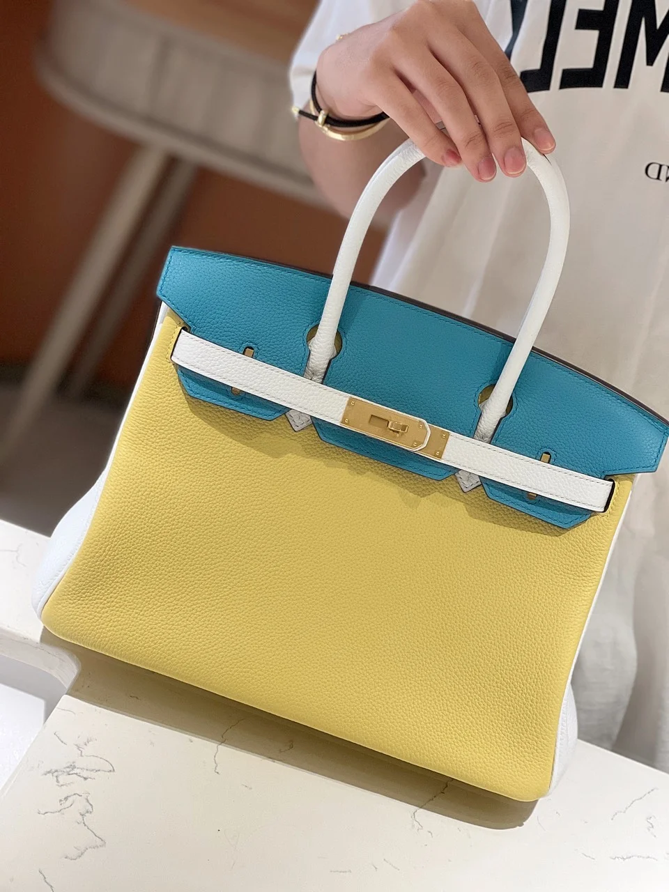 Hermès Lime, Bleu de Galice and Gris Perle Chèvre Tri-Color Hss Birkin 25 Brushed Gold Hardware Bag product view 6