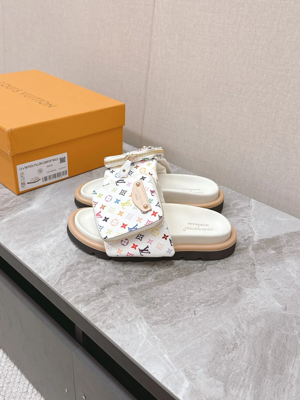Louis Vuitton Women White Leather Multicolor Logo Mules product view 5