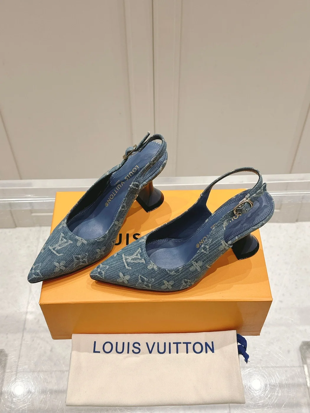 Louis Vuitton Women Blue Denim Leather Trim Slingback Heels product view 5