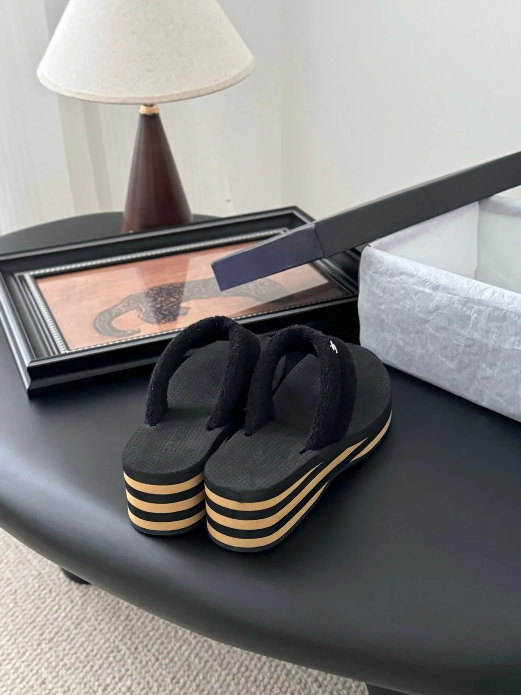Chanel Women Black Fabric Strap Flip Flop Sandals product view 3
