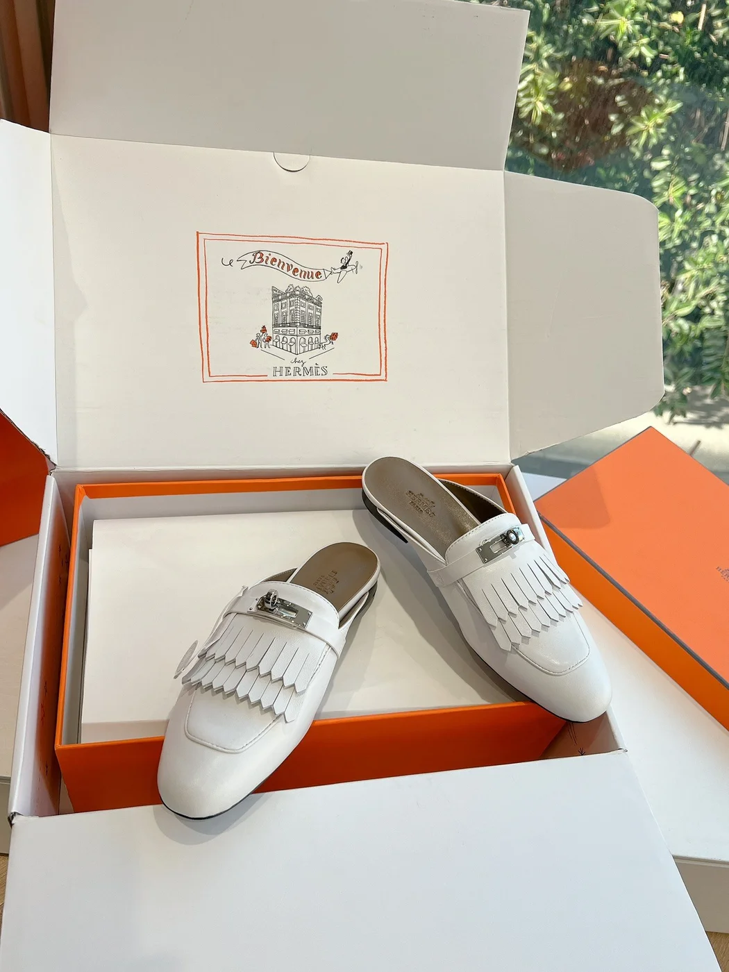 Hermès Women White Leather Fringe Mules product view 5
