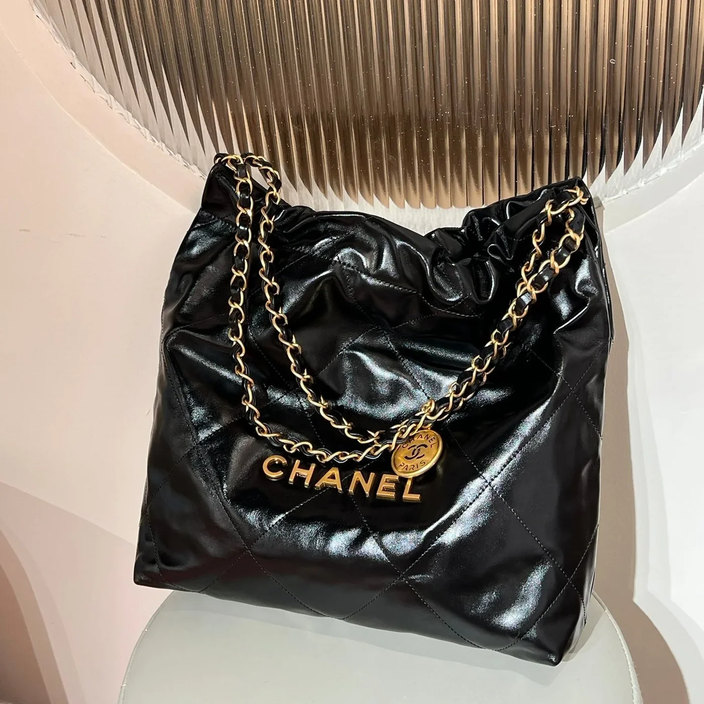 Chanel 22 Bag Small Gold  Black Lambskin Leather product view 3