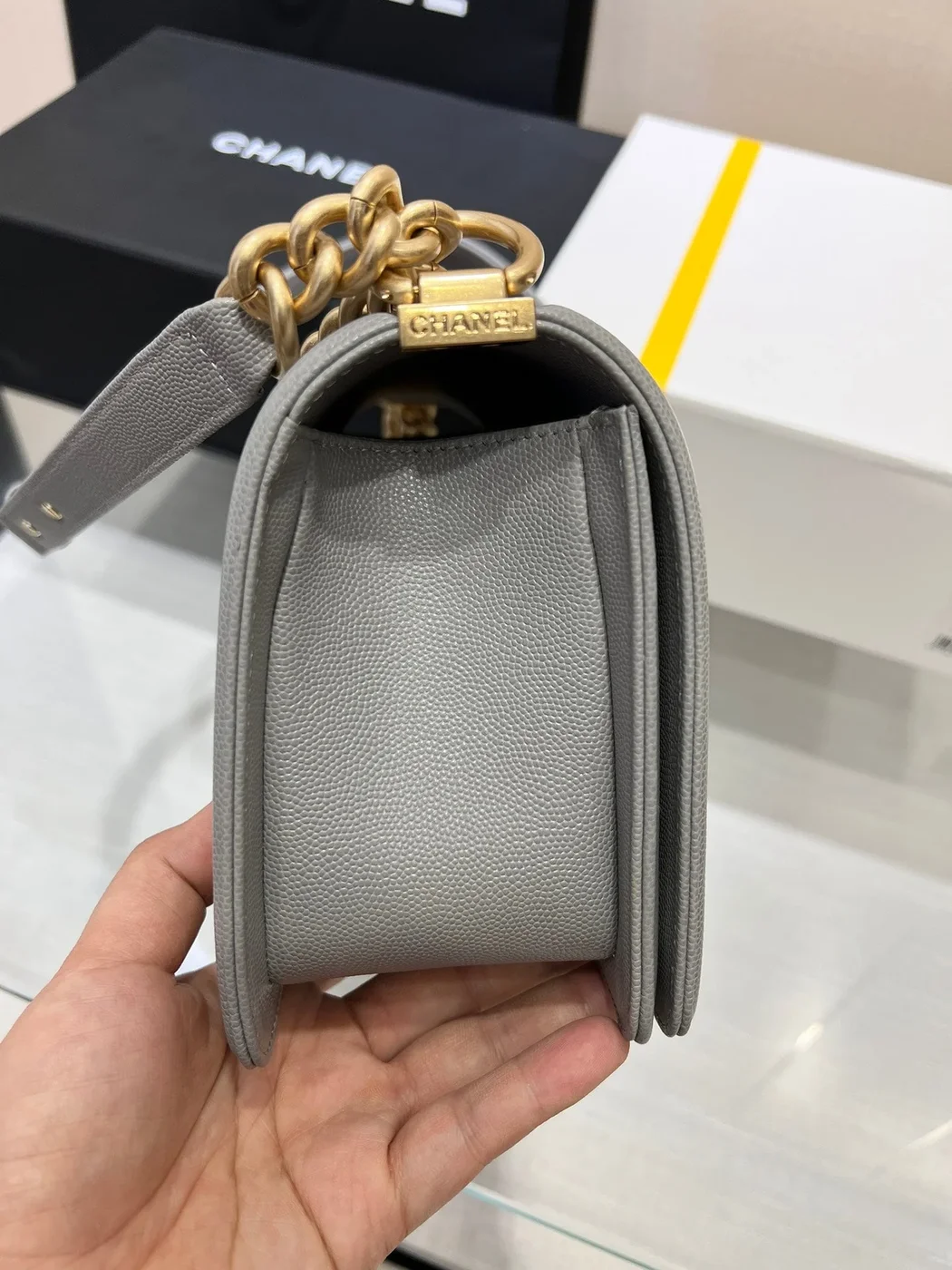 Chanel Boy Bag Medium 25 Grey Caviar Gold Hardware product view 6