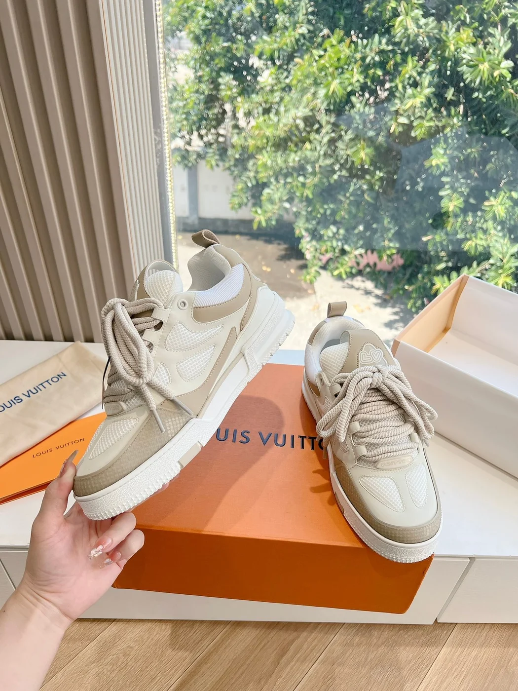 Louis Vuitton Women Beige Mesh Leather Sneakers product view 6