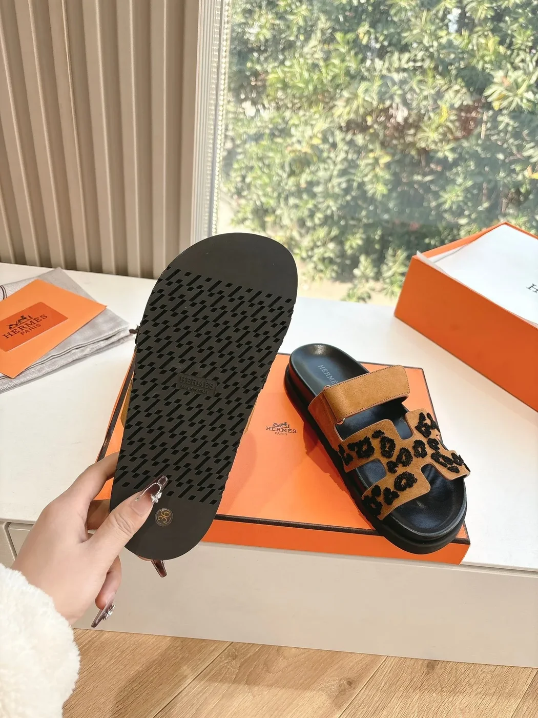 Hermès Women Tan Suede Leopard Print Slippers product view 2