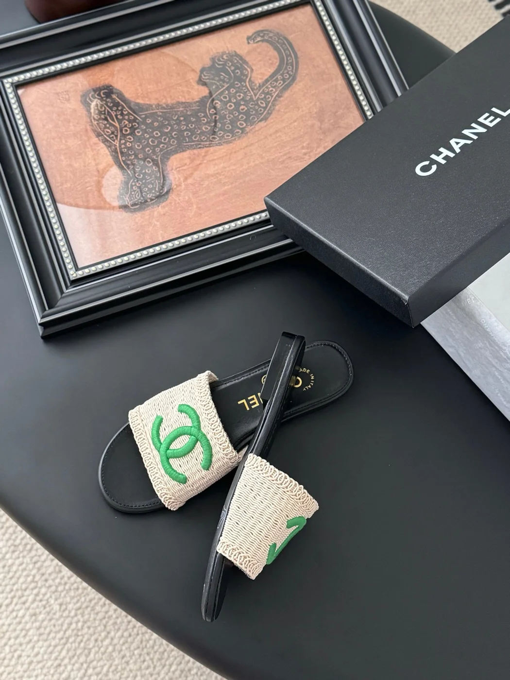 Chanel Women Beige Fabric Green Logo Slides product view 4