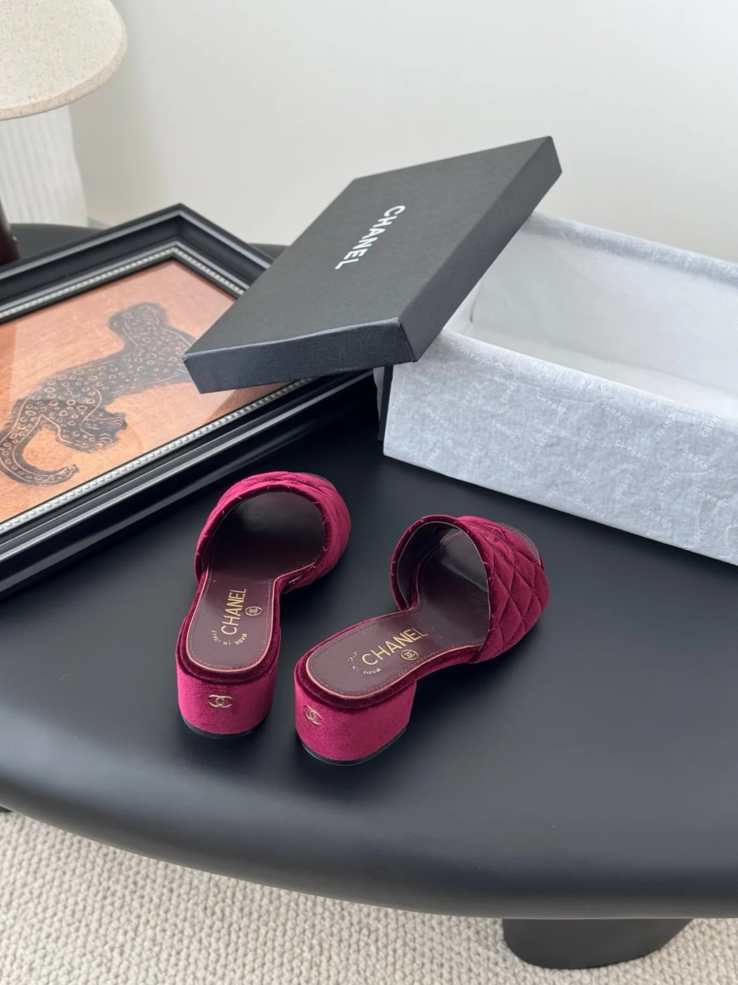 Chanel Women Burgundy Velvet Slide Sandals product view 5