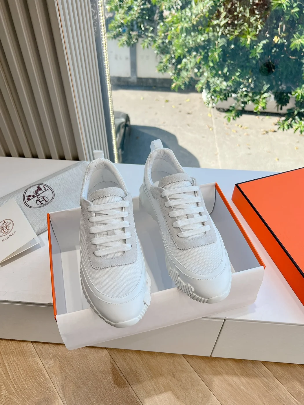 Hermès Women White Mesh And Leather Sneakers product view 3