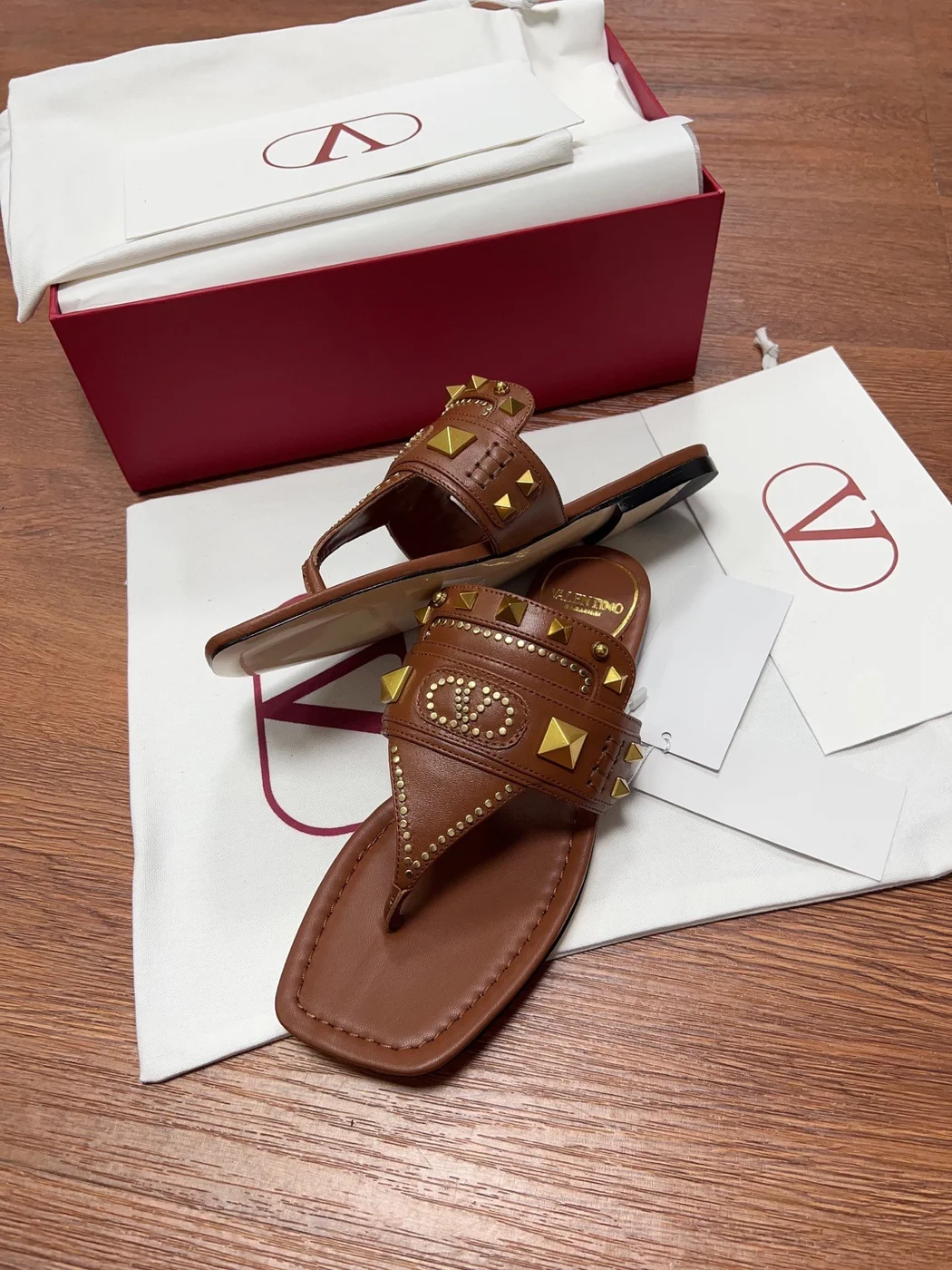 Valentino Women Brown Leather Studded Sandals product view 5