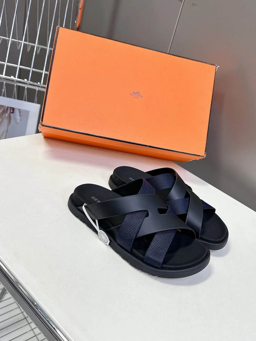 Hermès Women Navy Blue Leather And Fabric Sandals product view 3