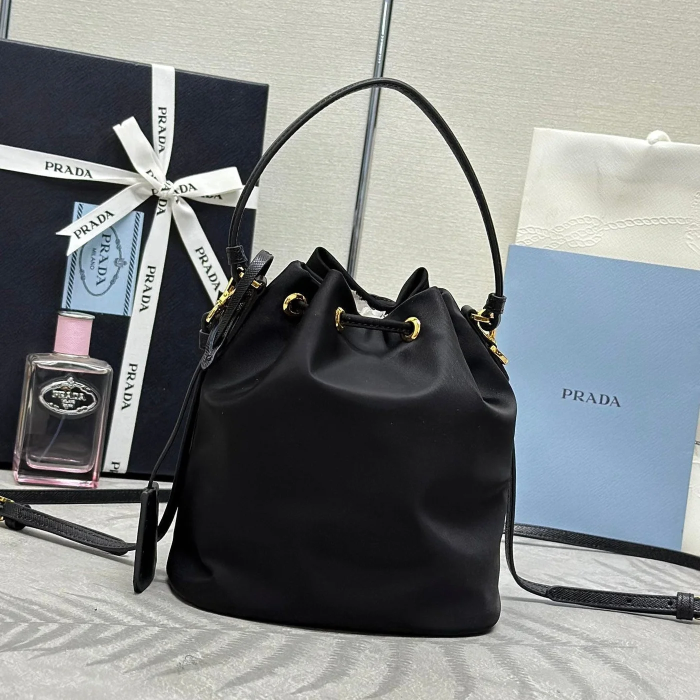 Prada Bucket Bag 19 In Black Re-Nylon And Calfskin Handle product view 2