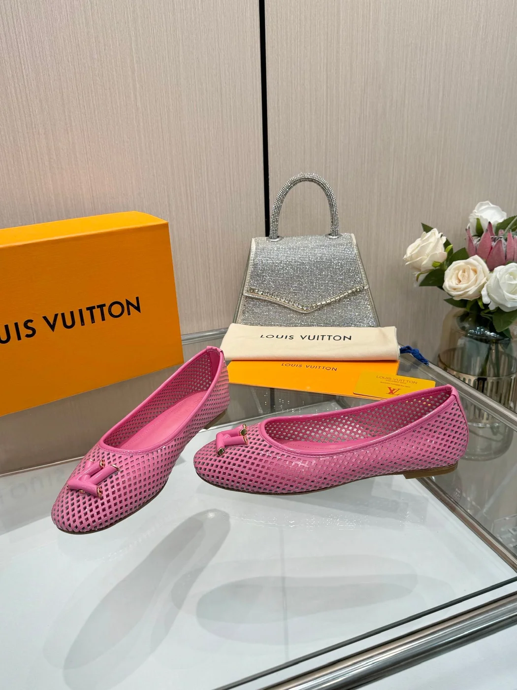 Louis Vuitton Women Pink Mesh Leather Ballet Flats product view 4