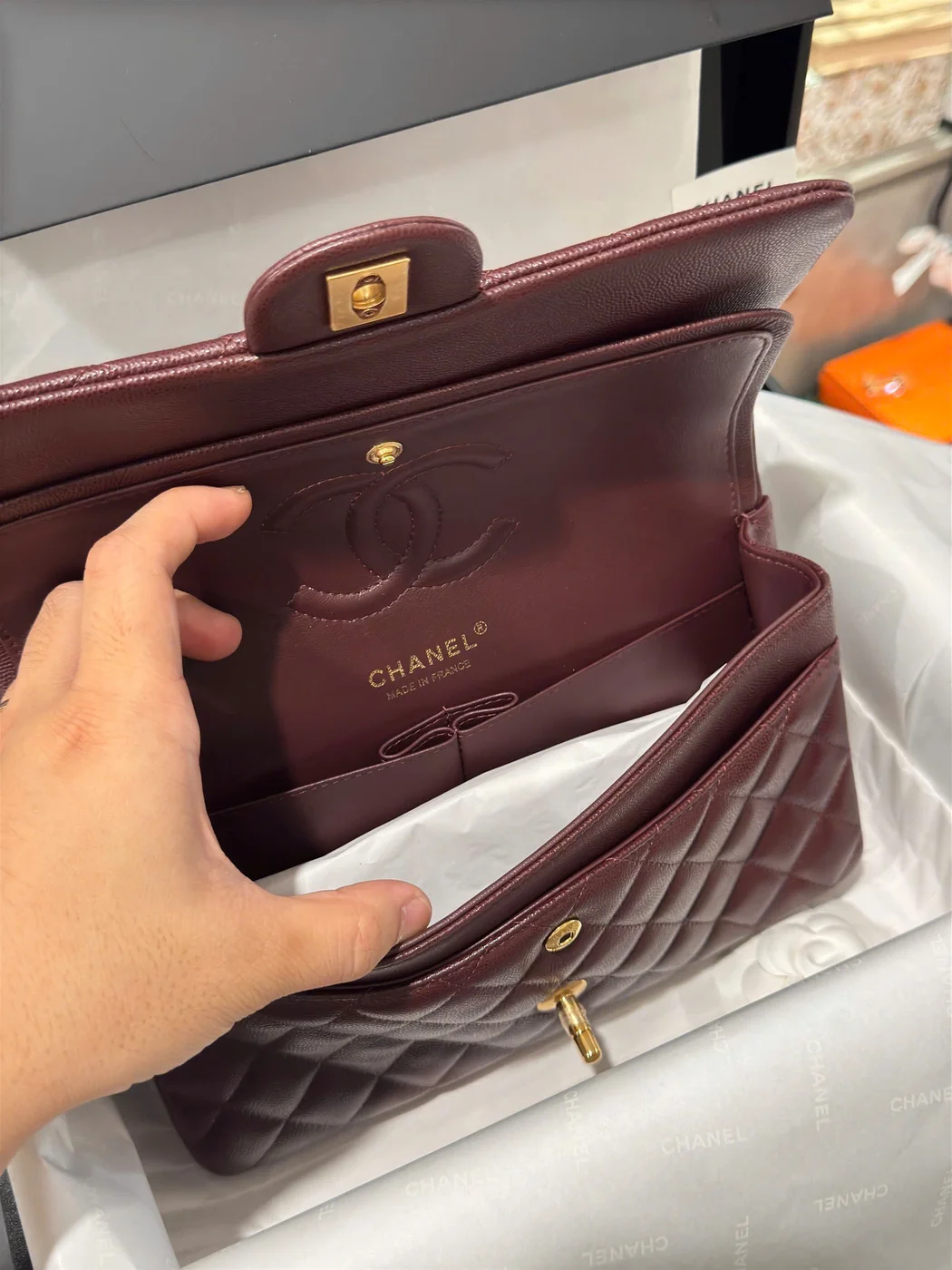 Chanel Classic Plum Red Color Handbags With Lock Gold 25 cm product view 3