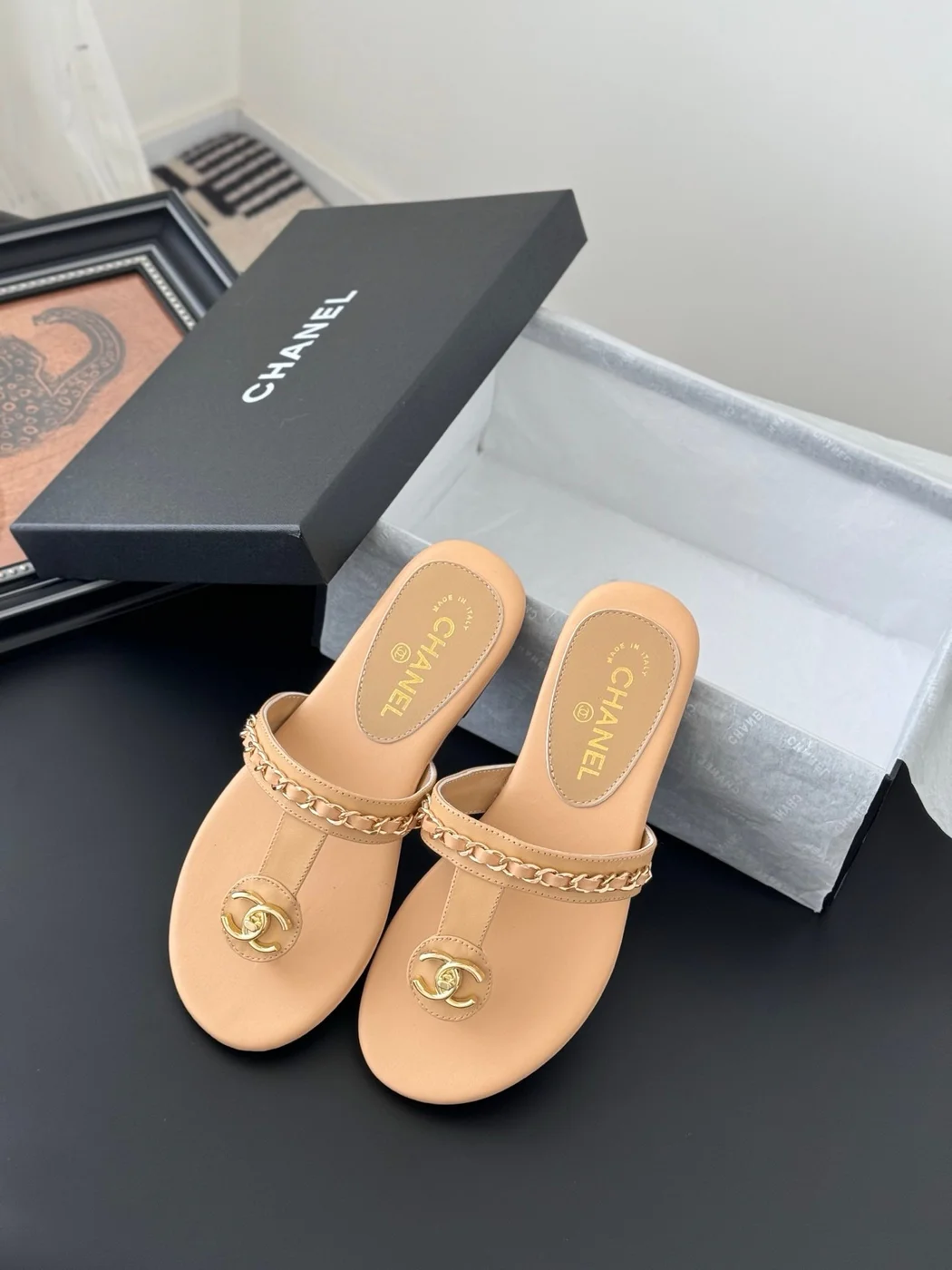 Chanel Women Beige Leather Slides product view 3