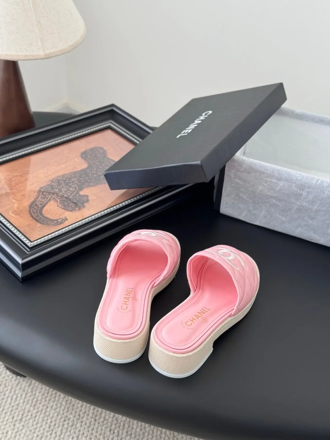 Chanel Women Pink Quilted Leather Slides product view 6
