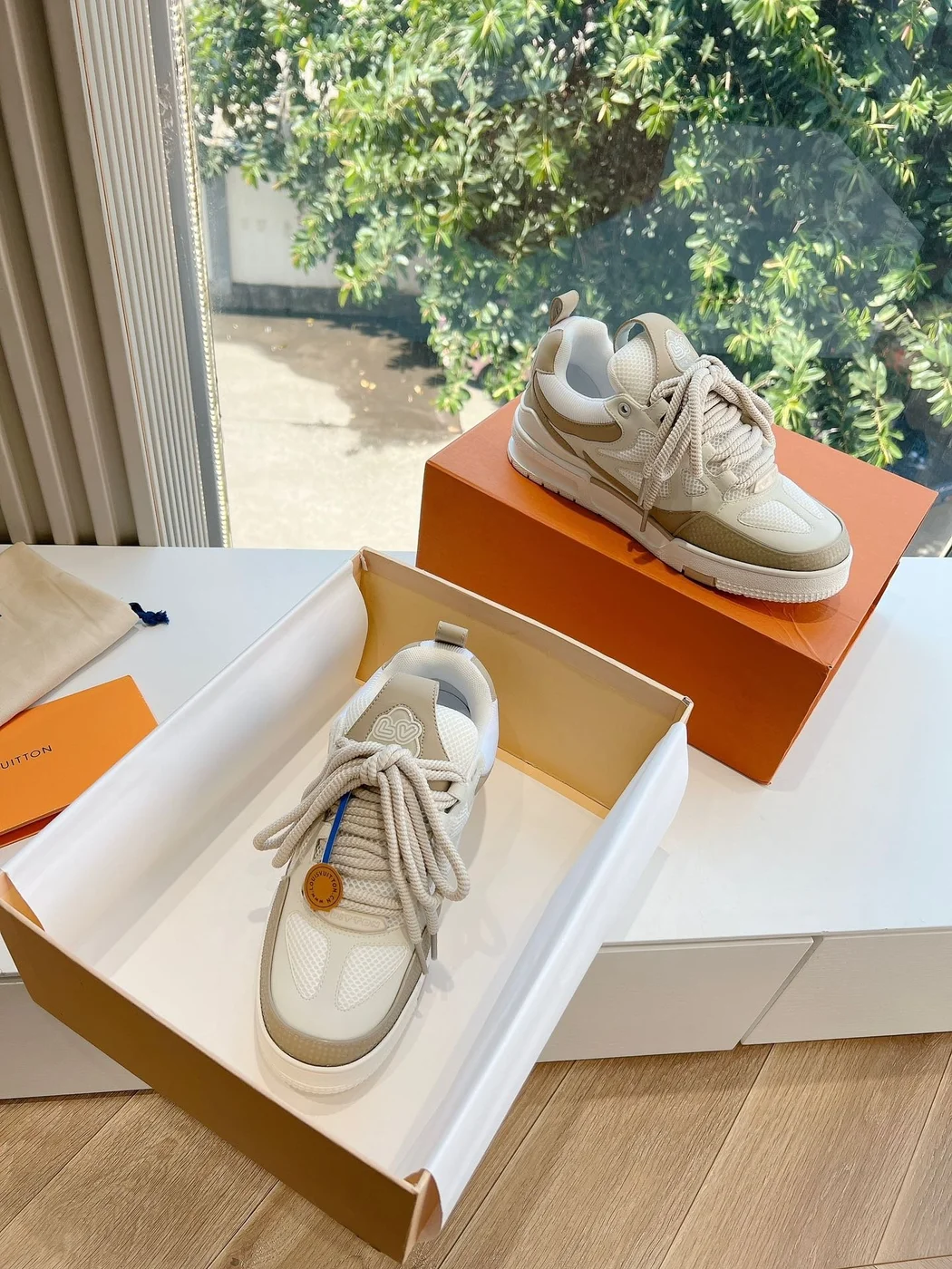Louis Vuitton Women Beige Mesh Leather Sneakers product view 4