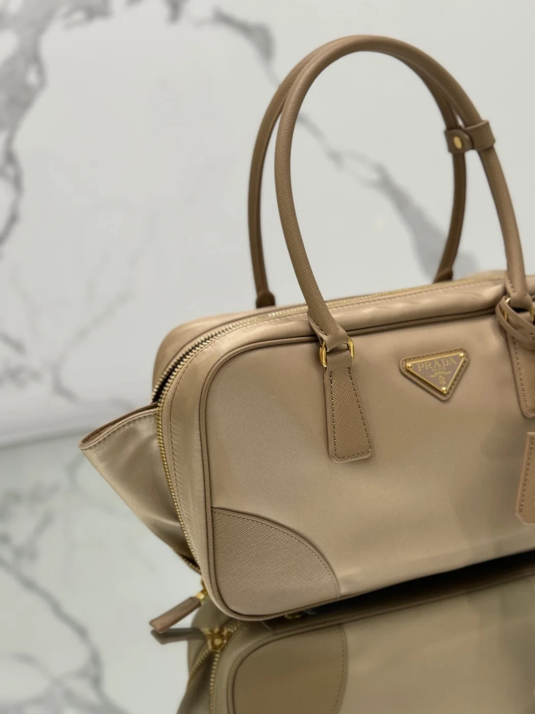 Prada Large Top Handle Bag 35 In Dried Moss Nylon And Calfskin Trim product view 4