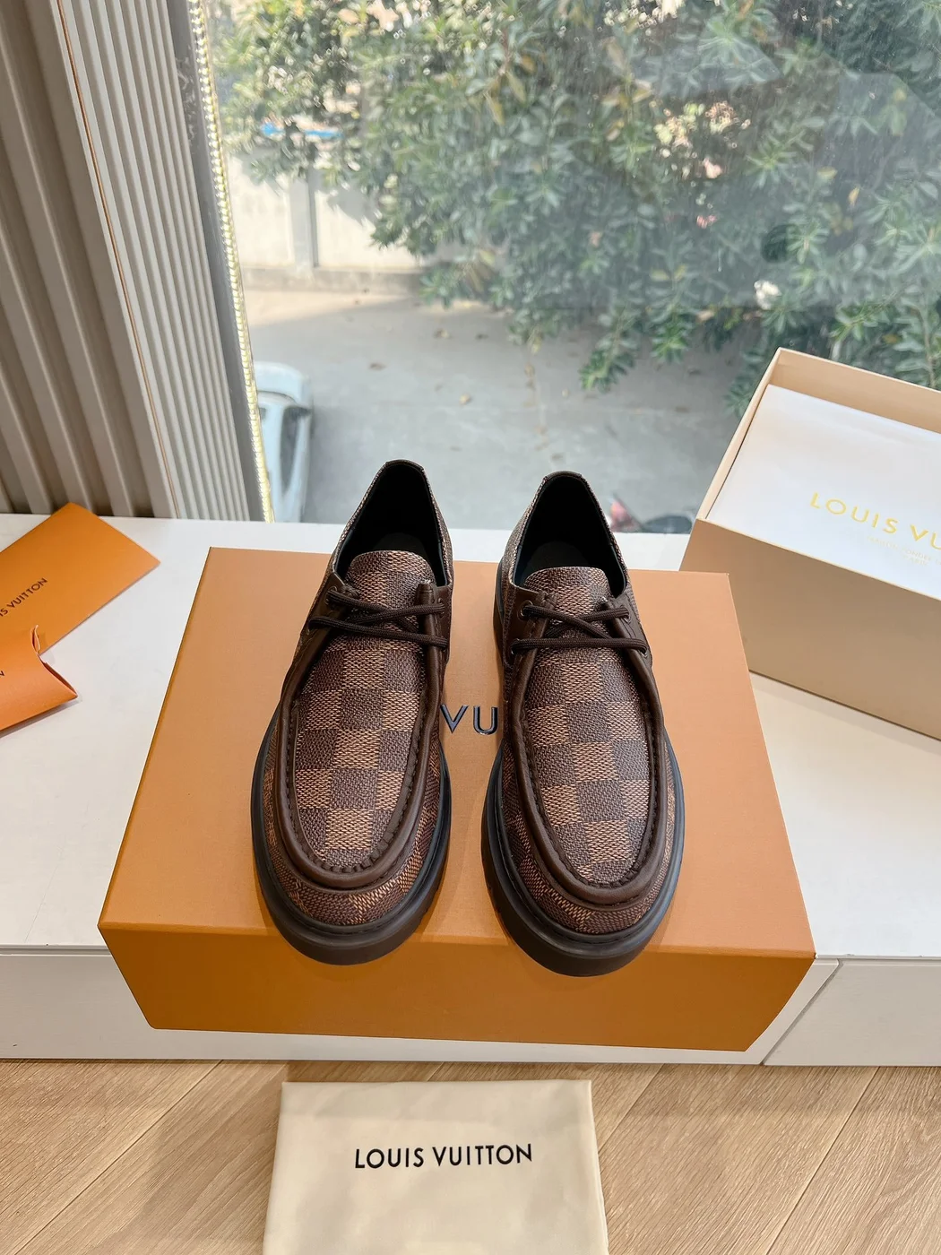 Louis Vuitton Women Brown Checkered Leather Loafers product view 5