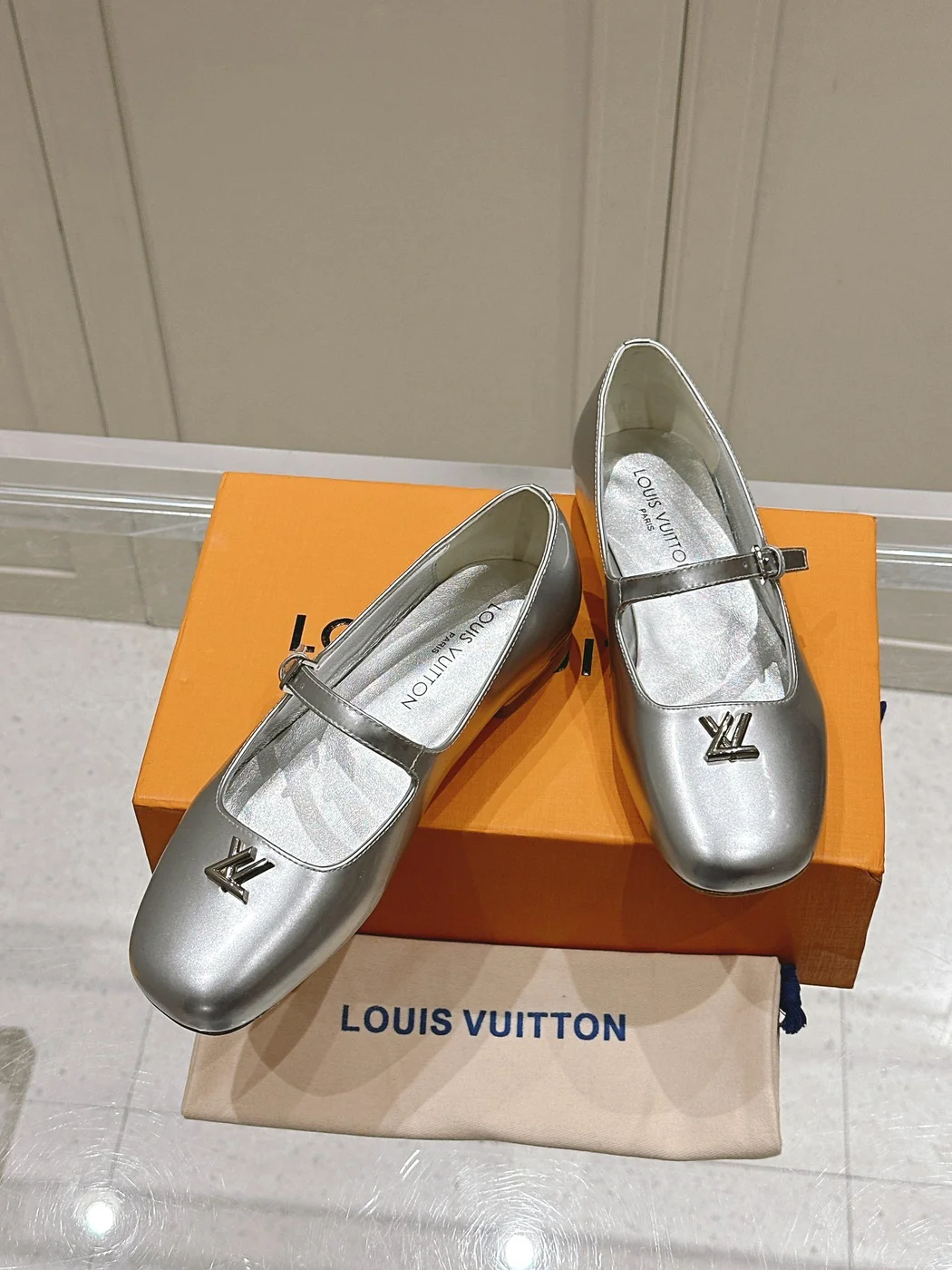Louis Vuitton Women Silver Leather Mary Jane Flats product view 5