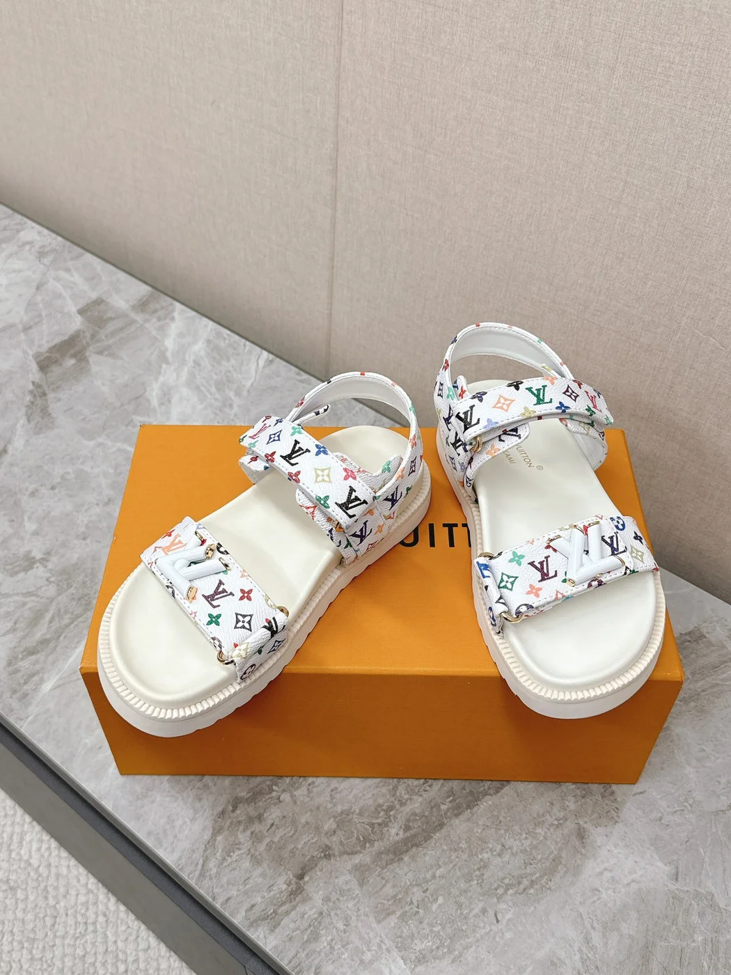 Louis Vuitton Women White Patterned Fabric Sandals product view 6