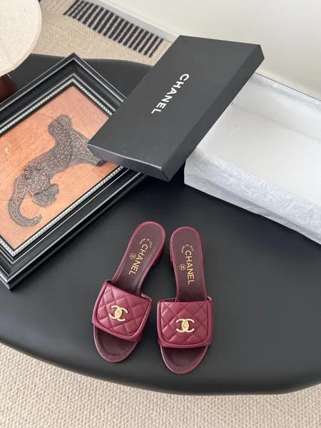 Chanel Women Burgundy Quilted Leather Mules product view 1