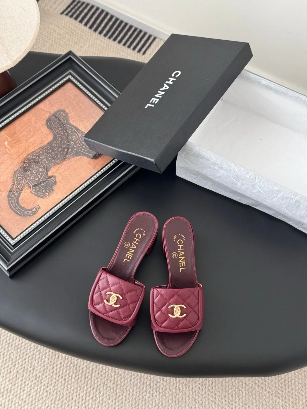 Chanel Women Burgundy Quilted Leather Mules product view 1