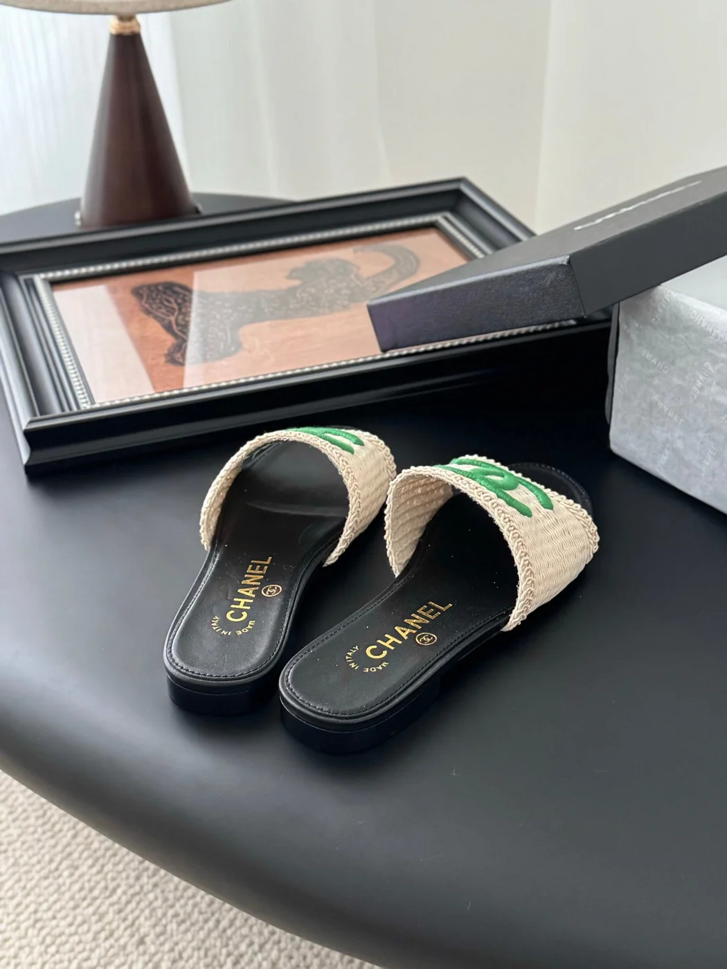 Chanel Women Beige Fabric Green Logo Slides product view 3