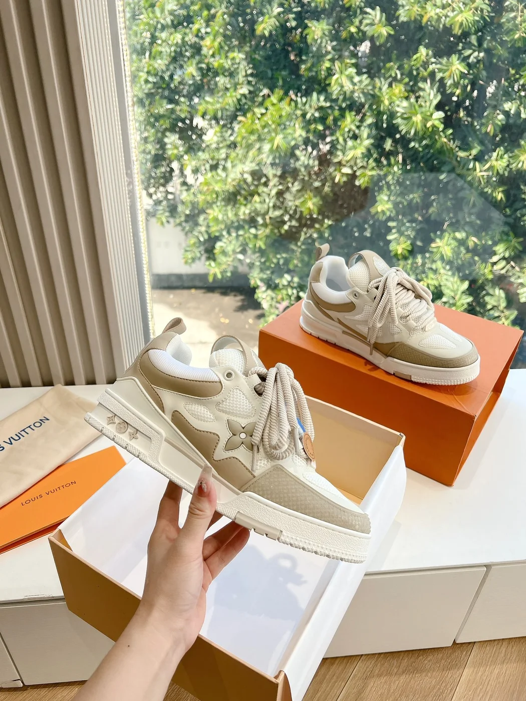 Louis Vuitton Women Beige Mesh Leather Sneakers product view 1