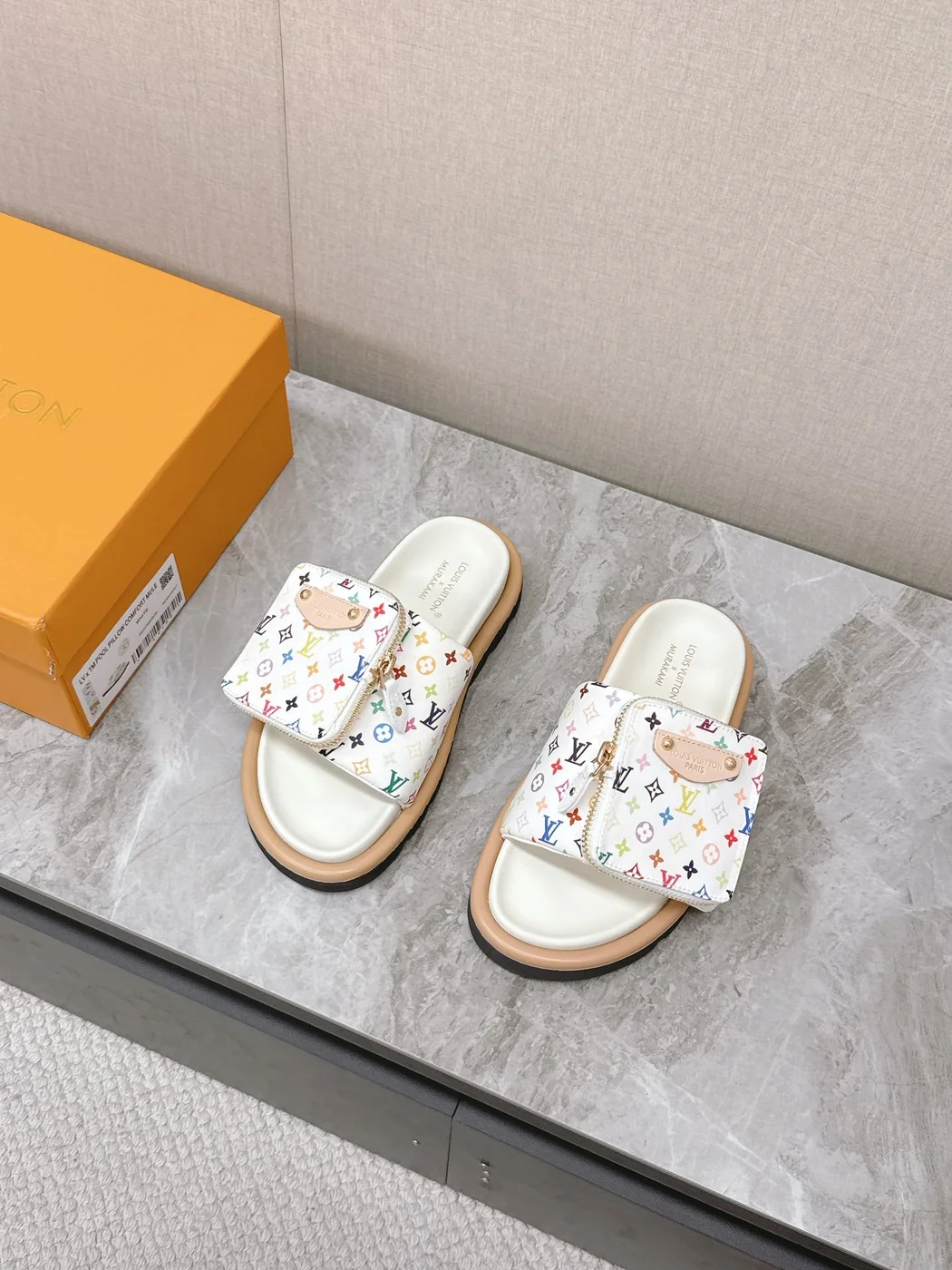 Louis Vuitton Women White Leather Multicolor Logo Mules product view 4