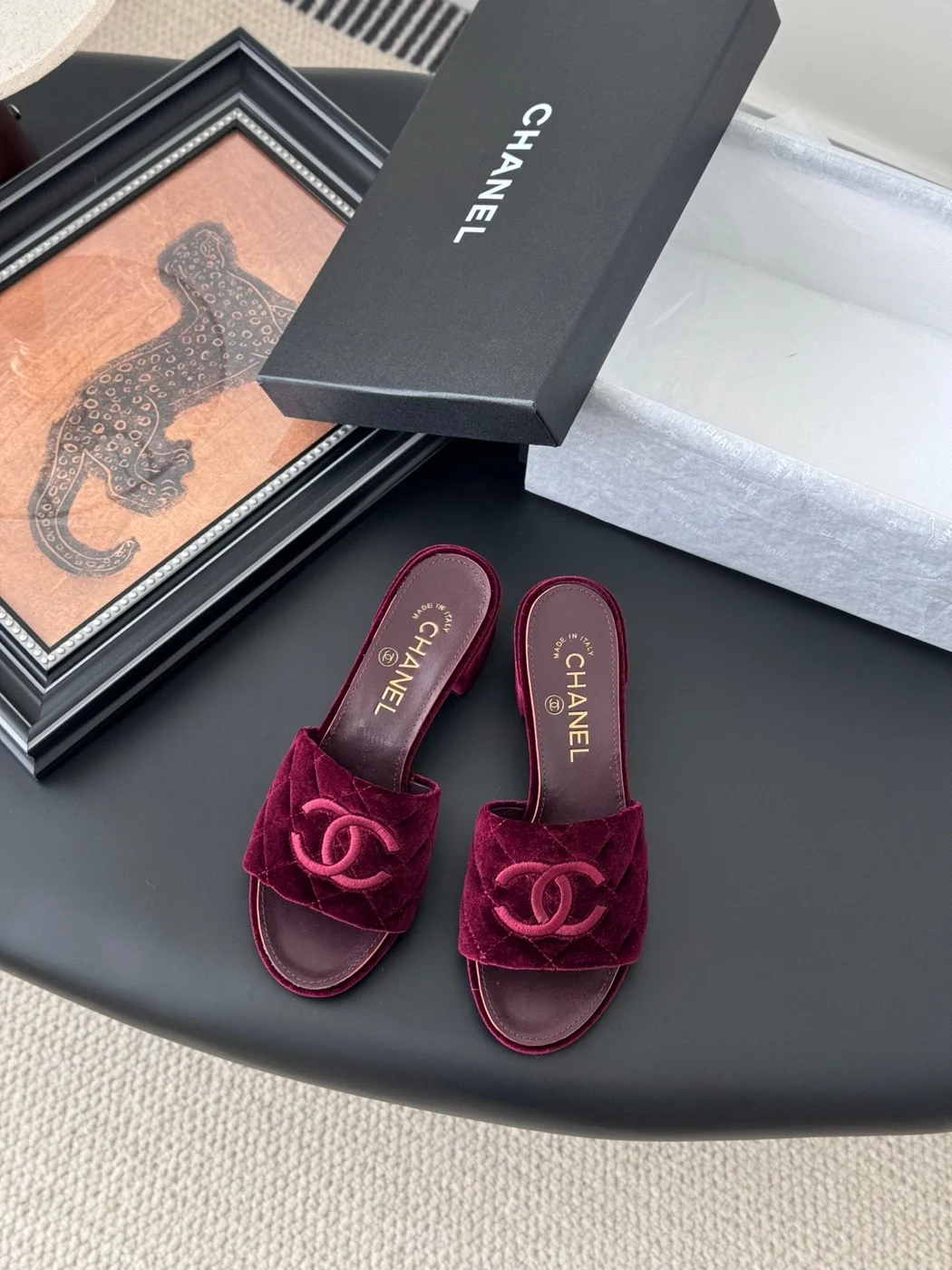 Chanel Women Burgundy Velvet Slide Sandals product view 1