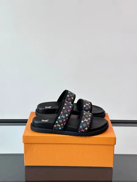 Louis Vuitton Men Black Canvas Double Strap Slides product view 1