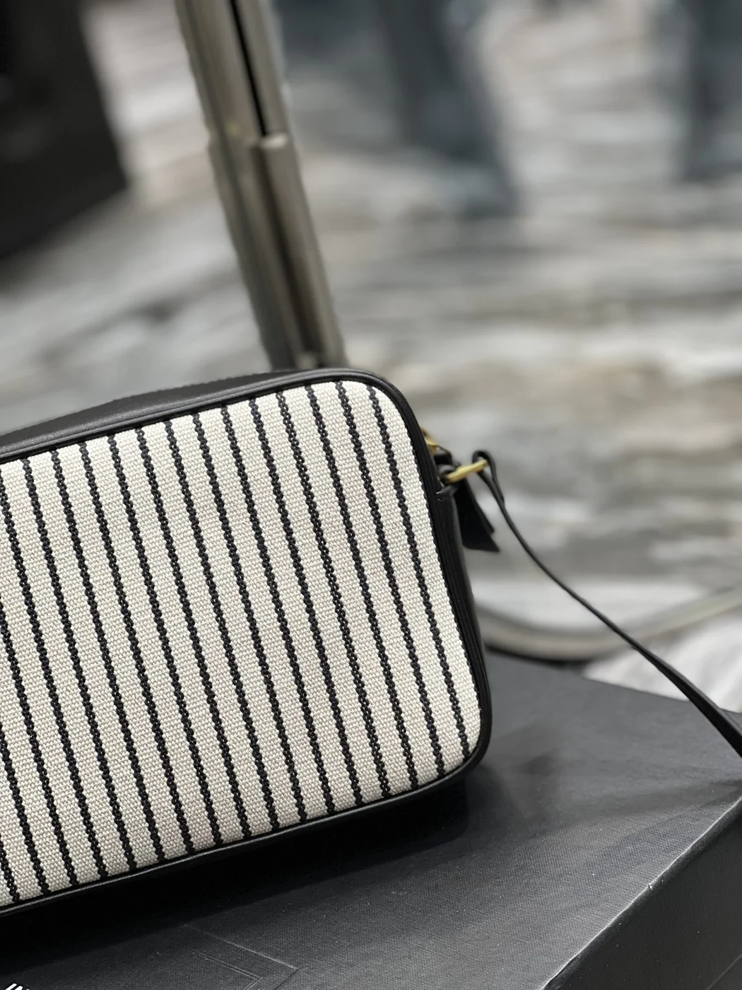 Saint Laurent Lou Medium Saint Laurent Striped Canvas Camera Crossbody Bag In Grey Cream product view 4