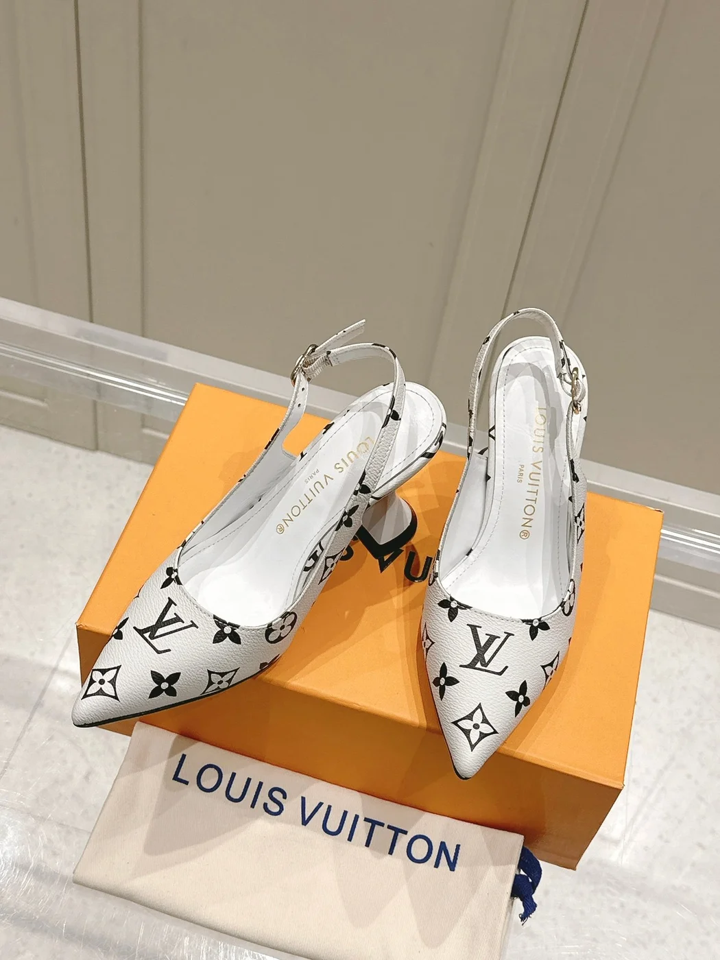 Louis Vuitton Women White Leather Monogram Slingback Heels product view 3