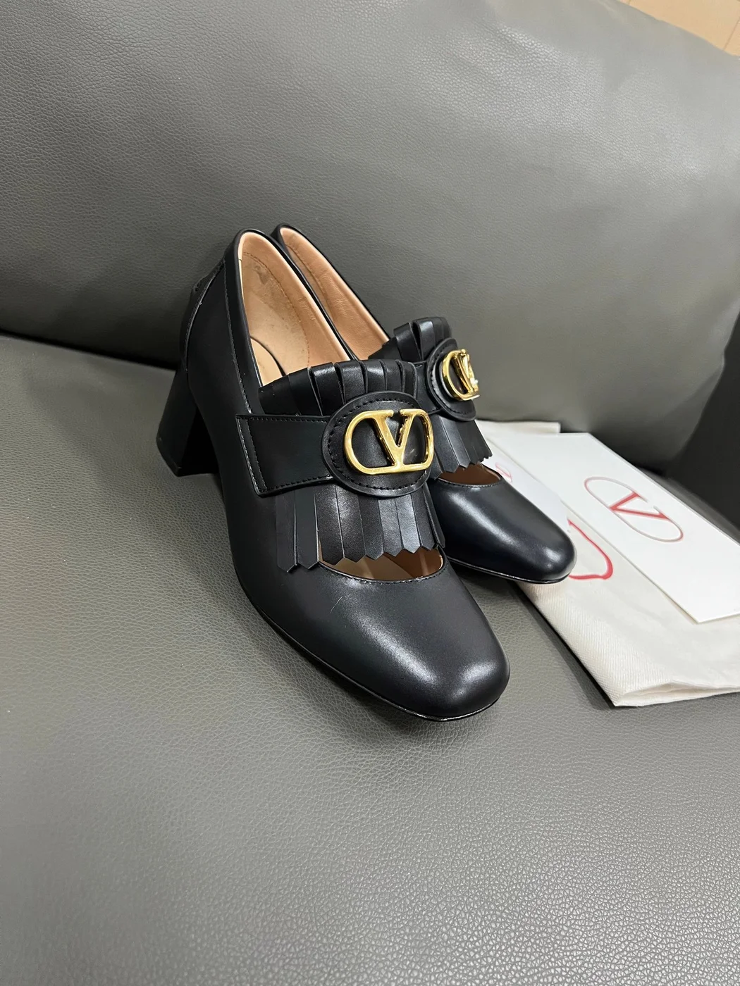 Valentino Women Black Leather Fringe Loafers product view 3