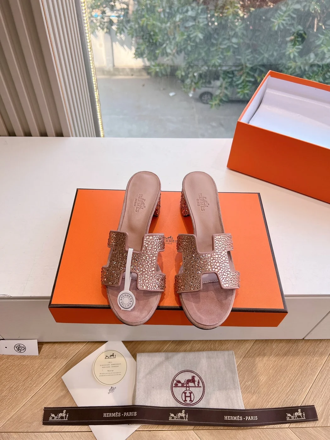 Hermès Women Pink Suede Crystal-Embellished Mules product view 1