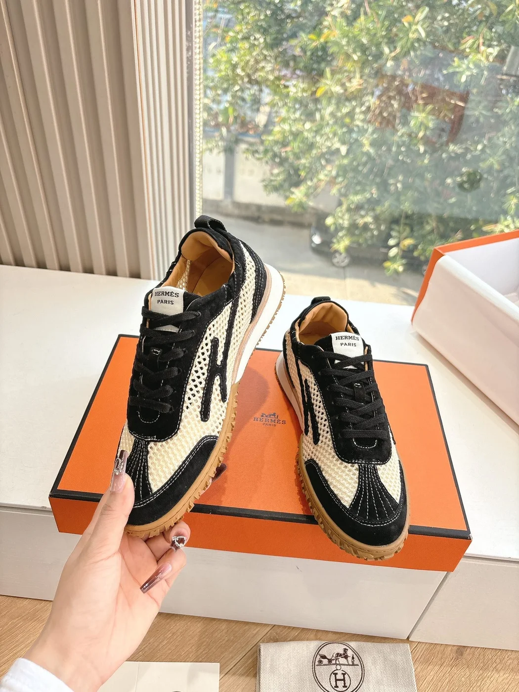Hermès Women Black And White Mesh Sneakers product view 6