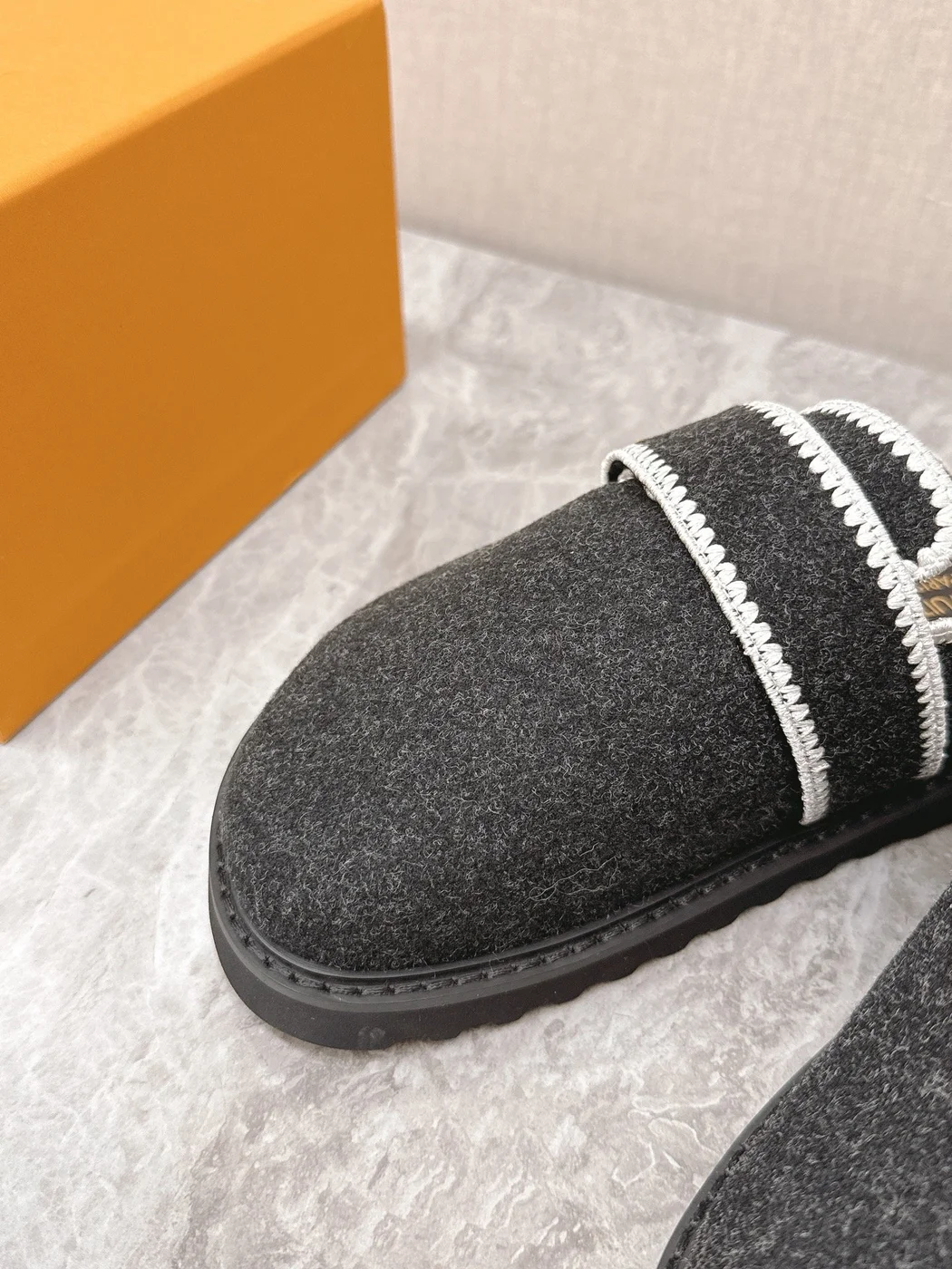 Louis Vuitton Women Black Felt Leather Trim Mules product view 2
