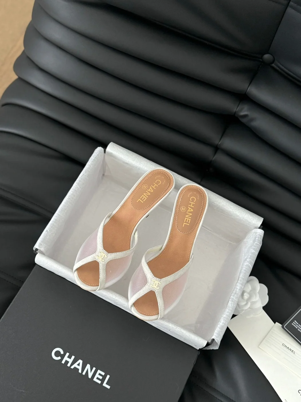 Chanel Women Beige Mesh And Leather Mules product view 2