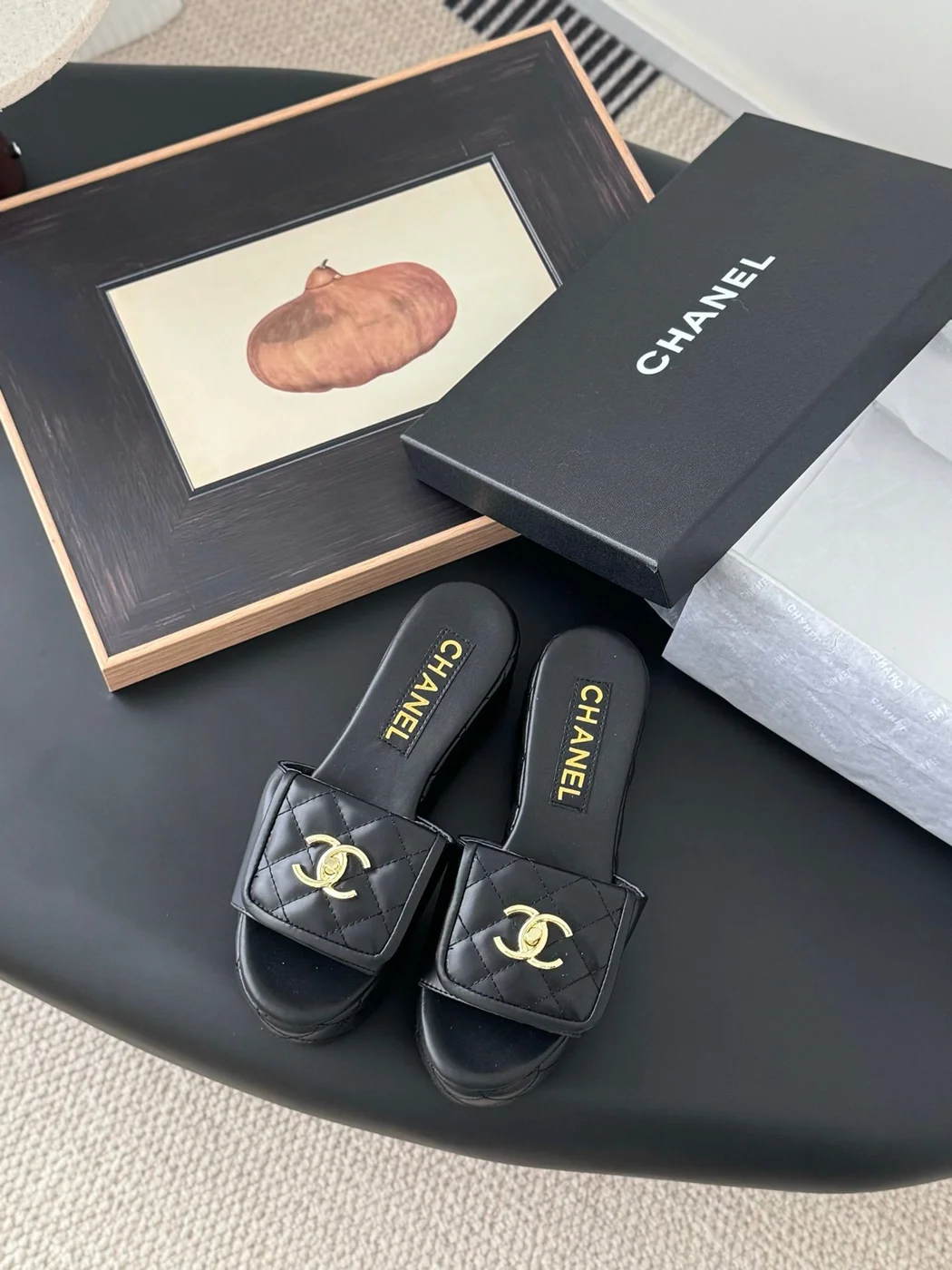 Chanel Women Black Quilted Leather Slides product view 1