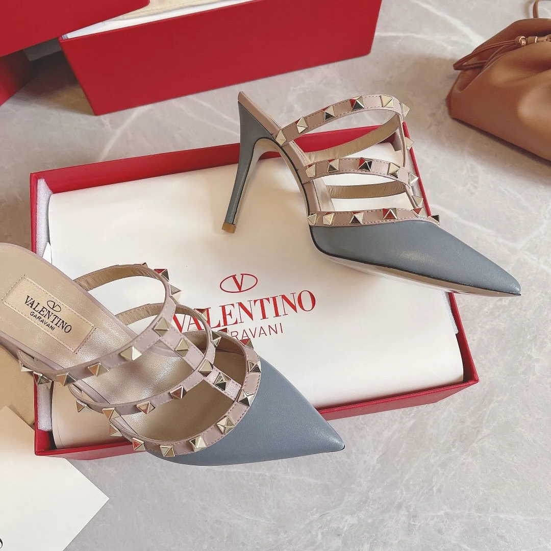 Valentino Women Blue Leather Studded Mules product view 3