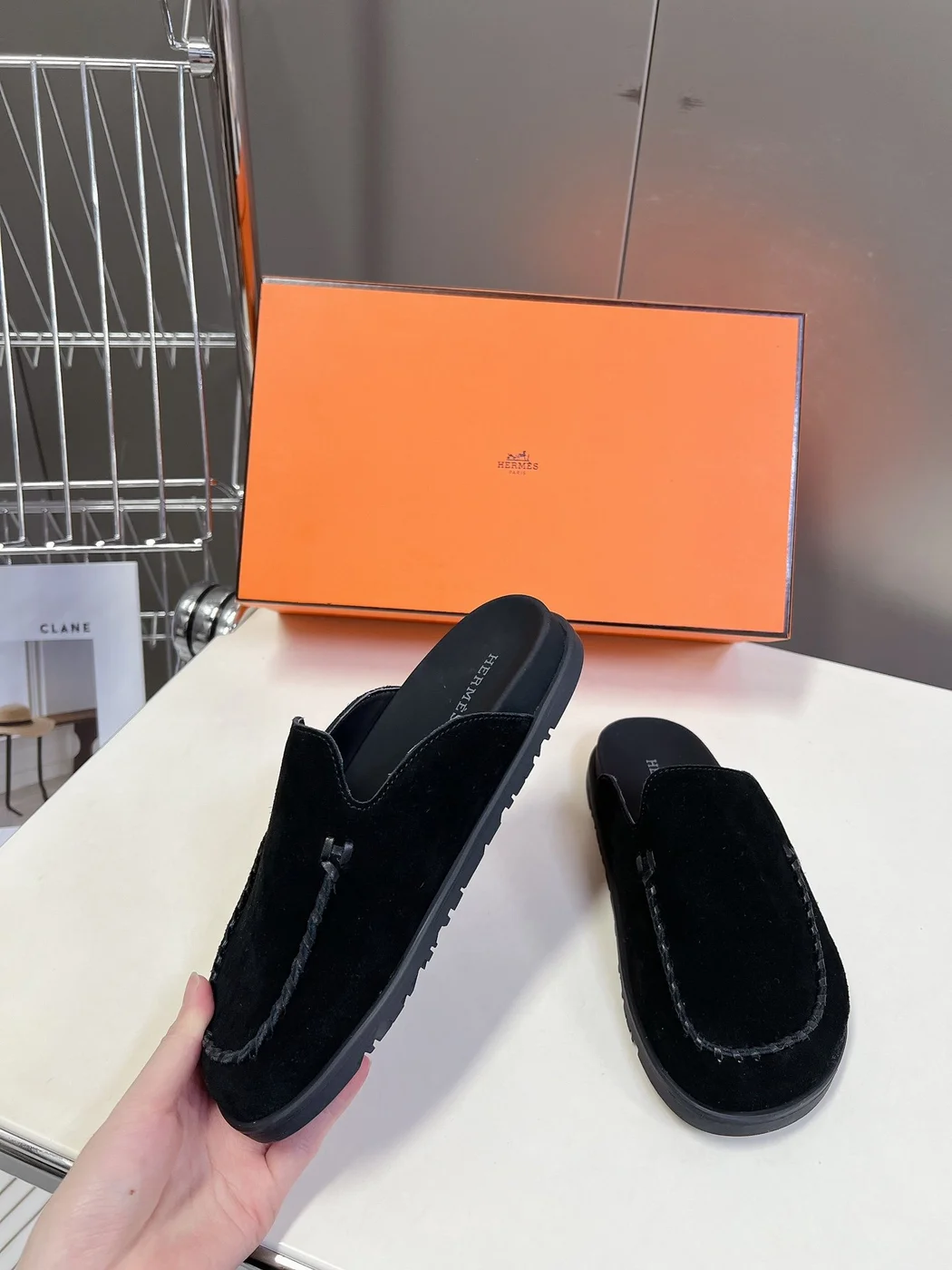 Hermès Women Black Suede Slippers product view 3