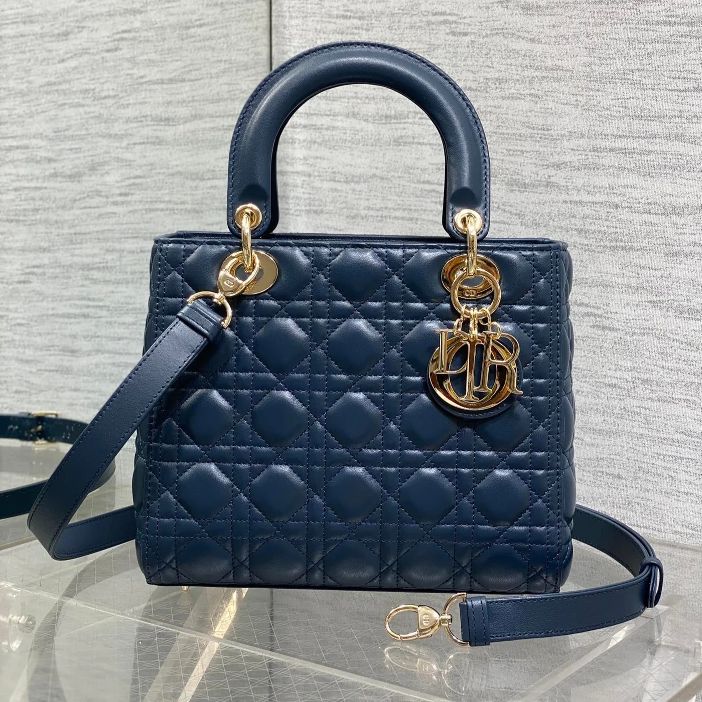 Dior Medium Lady Bag 24 In Deep Ocean Blue Gold Hardware product view 1