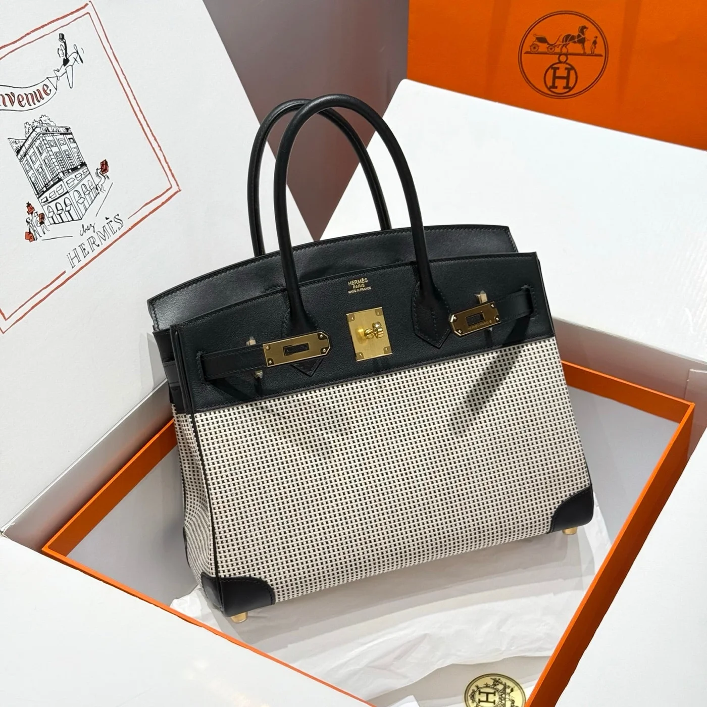 Hermès Birkin 30 cm In Black Swift White Black Plaid Toile Canvas Bag product view 1
