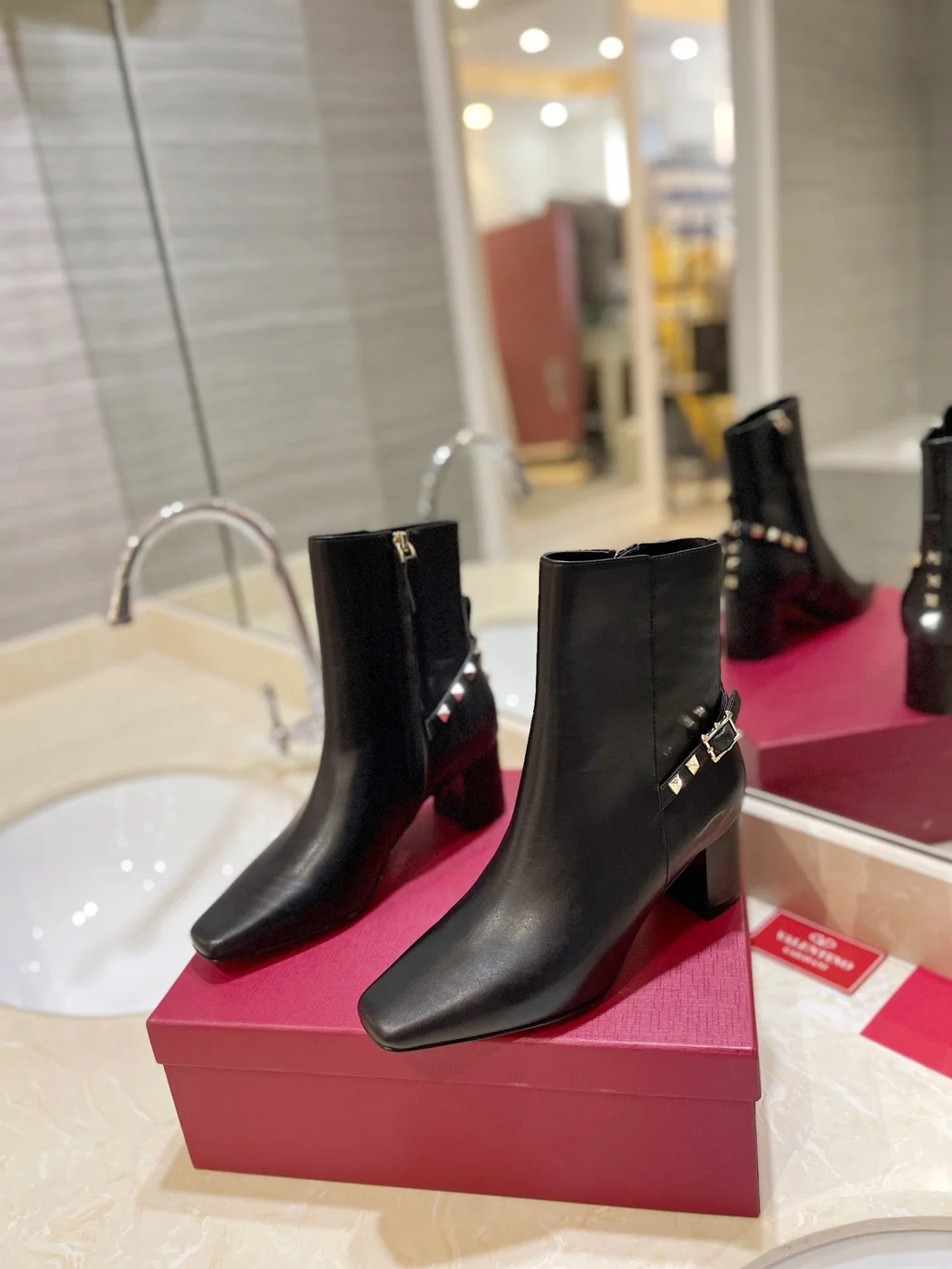 Valentino Women Black Leather Studded Ankle Boots product view 3