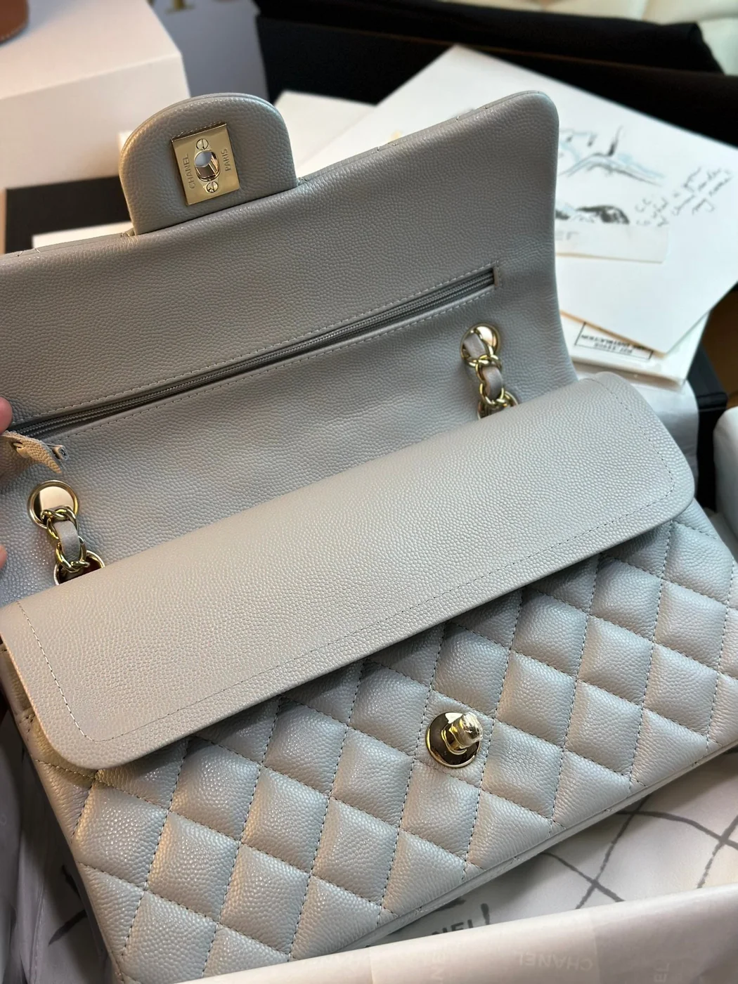 Chanel Flap Bag 25 cm Gold Hardware Grey Caviar product view 8